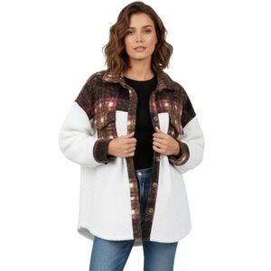 PRISSY JANE Womens Plaid Colorblock Sherpa Shacket Cozy Fleece Size XL NWT